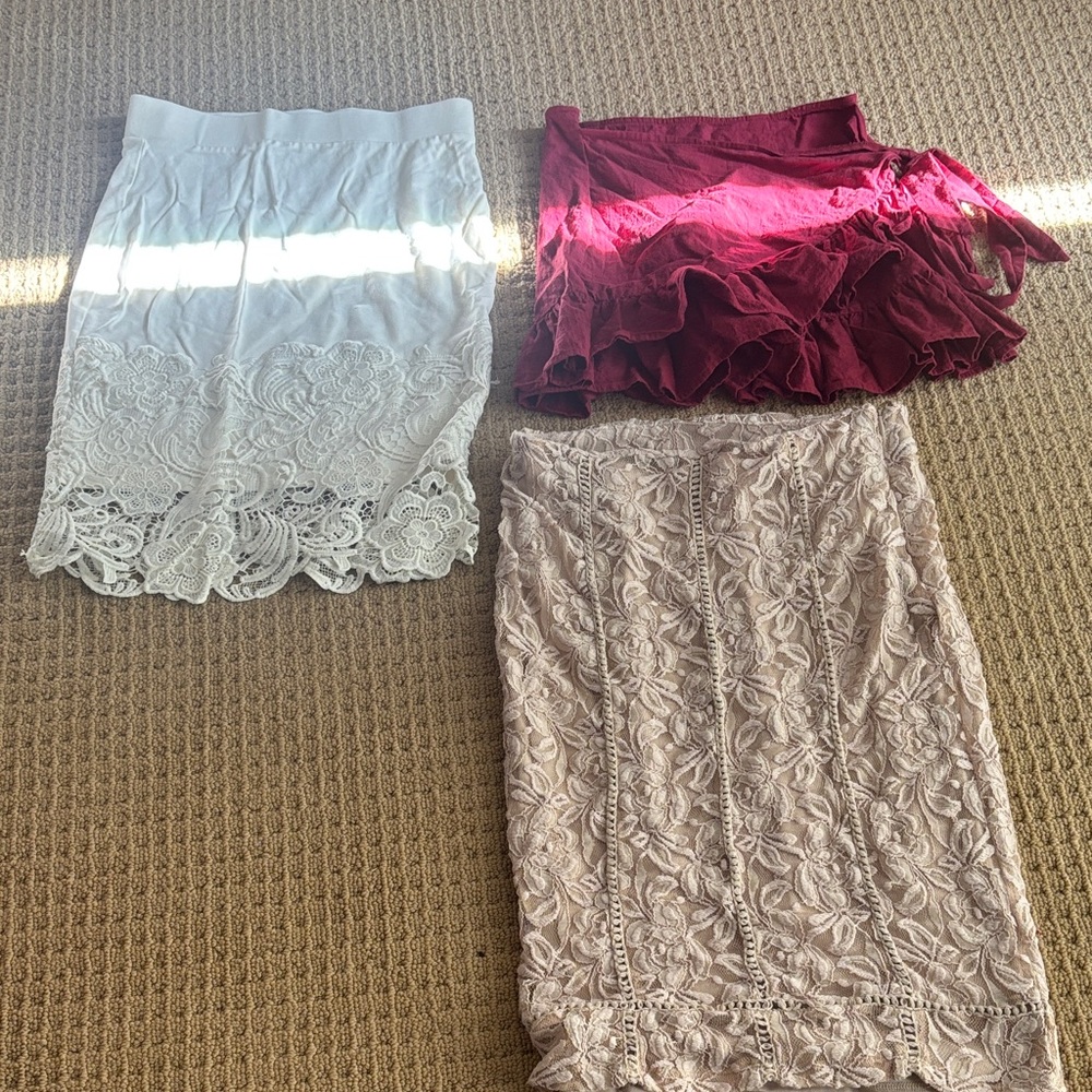 Elegant Lace Skirt Set - White, Red, and Beige
